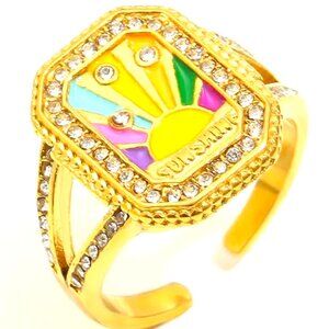 18K GOLD DIP RETRO MANY COLORED FROM AN ENAMEL SUN SAYS SUNSHINE & CZ RING